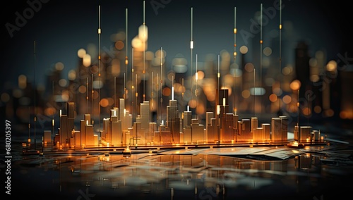 financial charts on a background behind a city scene