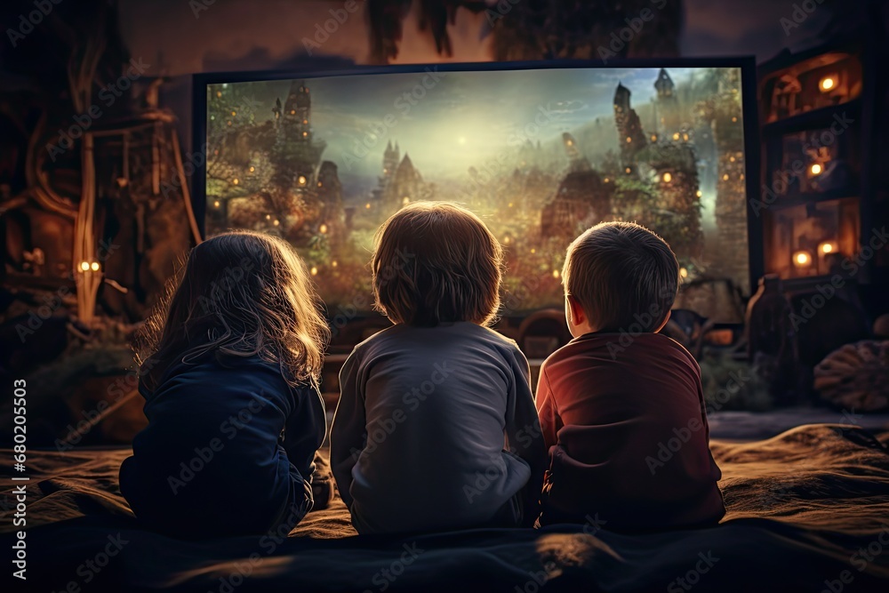 three children watching tv on the couch