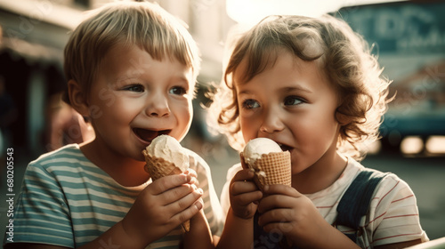 Ice Cream Delight  Two Children s Joyful Indulgence in Vibrant Colors.