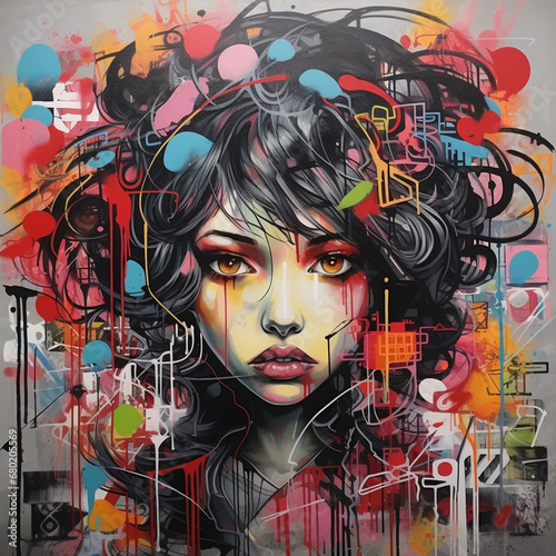 urban graffiti-style art with intricate tags  murals  and street art elements with woman face created with Generative Ai