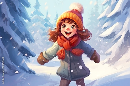A cartoon cute joyful girl dressed in winter accessories: hat, scarf and mittens, having fun in the snowy forest with an expression of pure happiness.