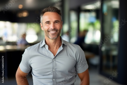 Portrait of a smiling man in his 40s donning a classy polo shirt against a sophisticated corporate office background. AI Generation