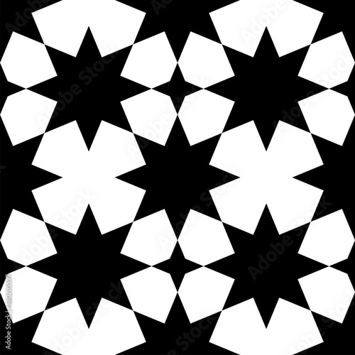 Seamless geometric ornament based on traditional islamic art. White figures on black background. Great design for fabric,textile,cover,wrapping paper,background.