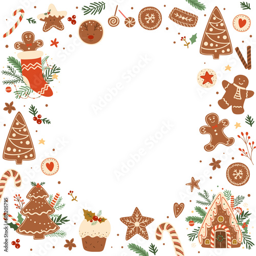 Christmas baking frame with gingerbread house, dessert, pudding, fir tree, candy cane. Vector tasty winter baked cookies in glaze. Greeting card, banner, poster. Hand drawn pastry food illustration.