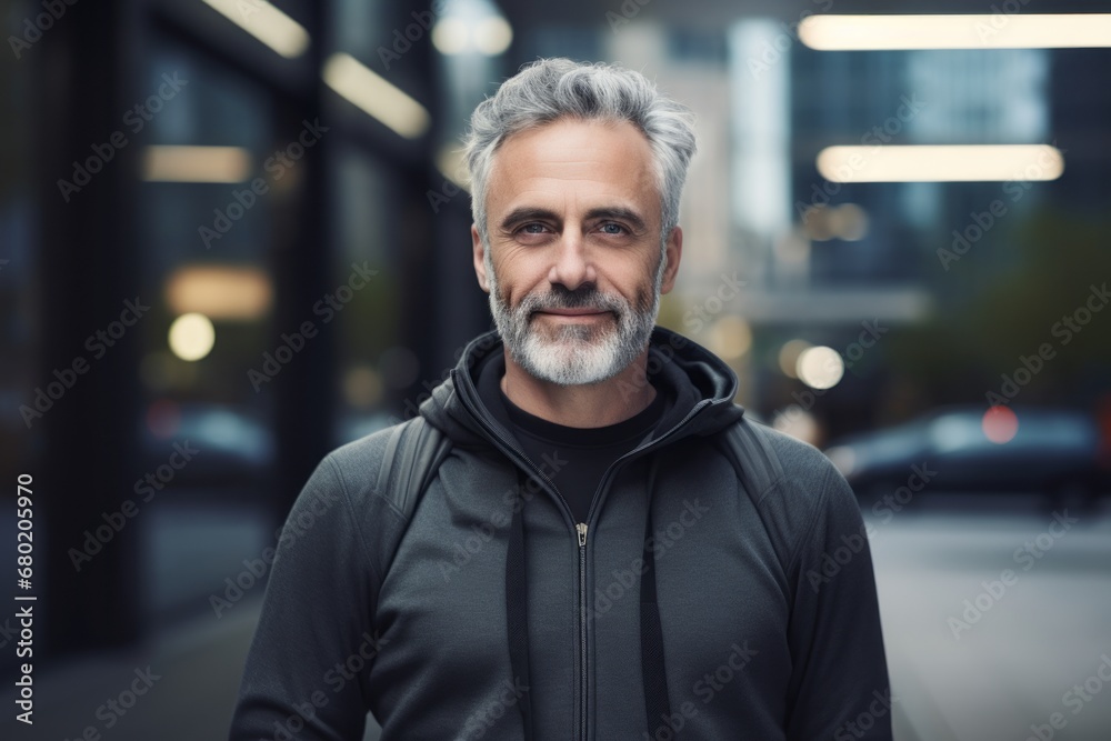 Portrait of a blissful man in his 50s dressed in a comfy fleece pullover against a sophisticated corporate office background. AI Generation Portrait of a blissful man in his 50s dressed in a comfy fleece pullover against a sophisticated corporate office background. AI Generation