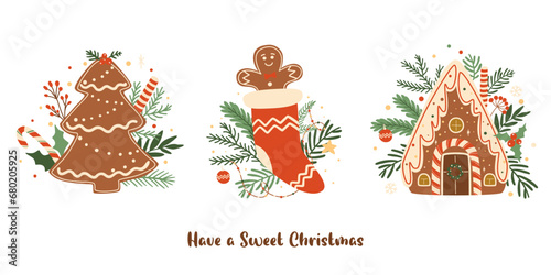 Christmas gingerbread cookies set. Tasty winter baked isolated vector element. Cute dessert decorated fir tree branches. Hand drawn food illustration collection for card, poster. New Year design.