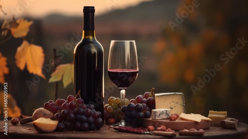 wine bottle with red wine with two wineglasses  grape and different types of cheese on the restaurant table outdoors  background of vineyard fields with grape