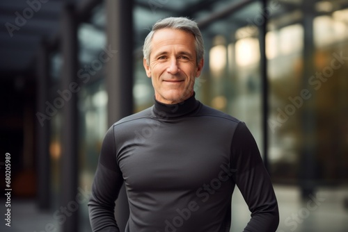 Portrait of a glad man in his 50s showing off a lightweight base layer against a sophisticated corporate office background. AI Generation