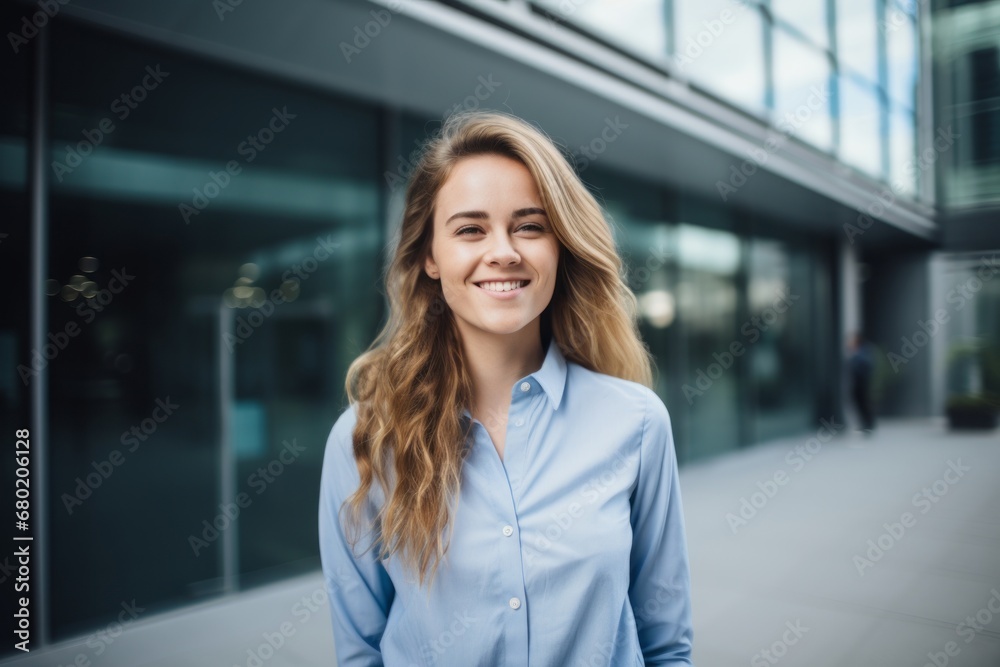 Portrait of a cheerful woman in her 20s sporting a versatile denim shirt against a sophisticated corporate office background. AI Generation
