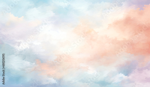 Dreamy pastel watercolor cloudscape features wispy clouds in hues ranging from light blue to pink to orange.