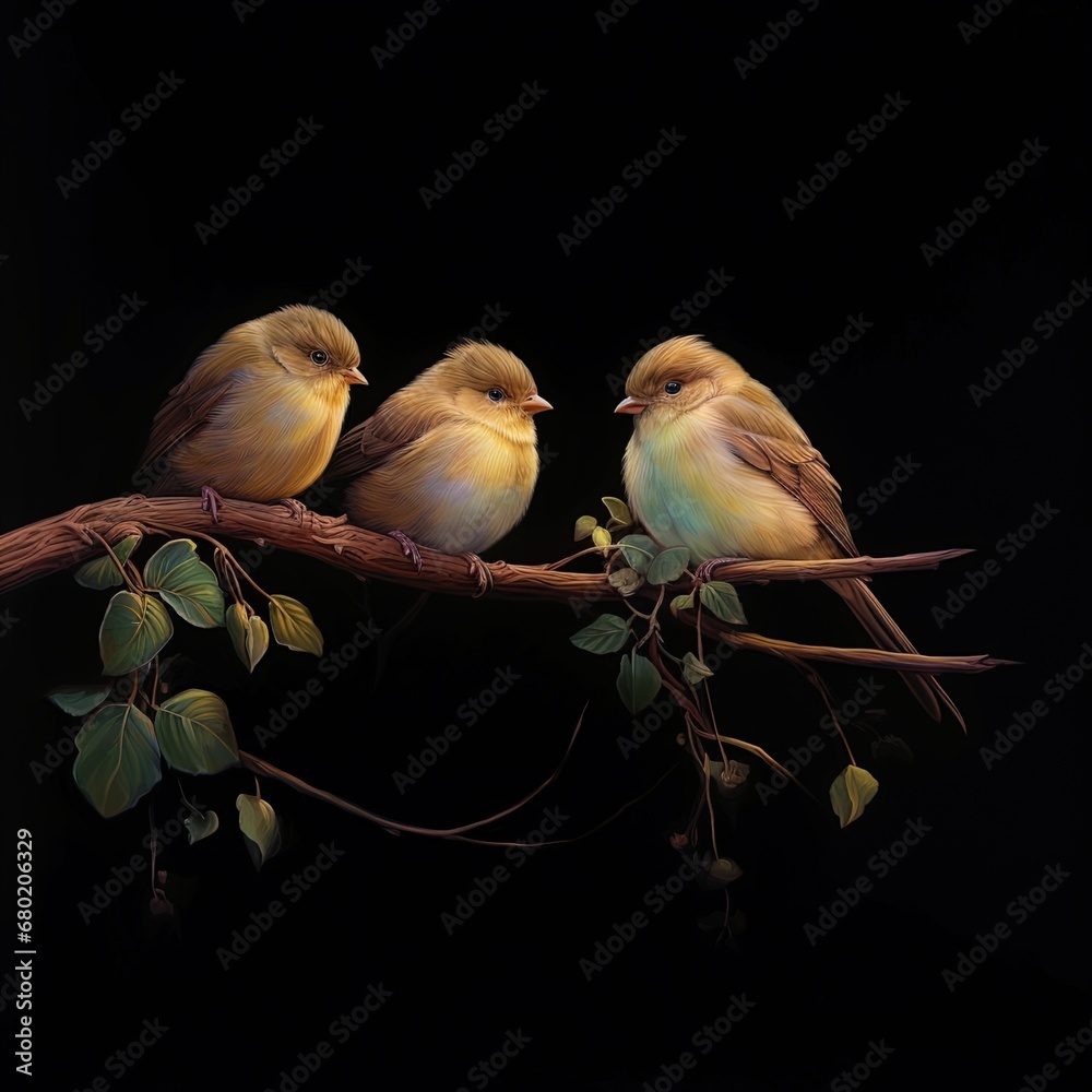 Grupa małych ptaszków na gałęzi  - obrazy, fototapety, plakaty 
