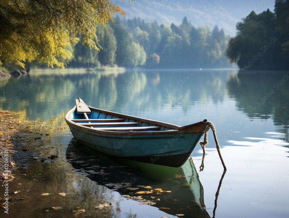 A tranquil lake showcasing a vintage small fishing boat with a calm and peaceful atmosphere.
