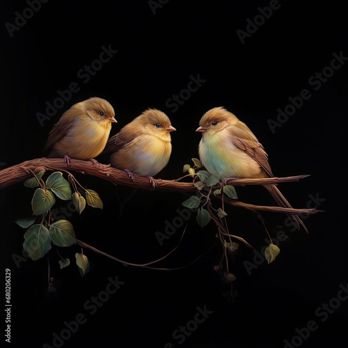 Grupa małych ptaszków na gałęzi 