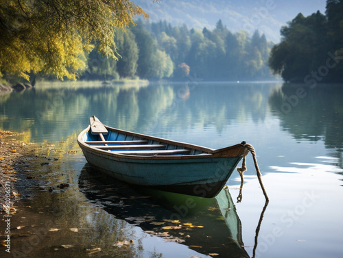 A tranquil lake showcasing a vintage small fishing boat with a calm and peaceful atmosphere.