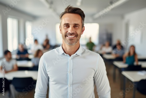 Portrait of a satisfied man in his 30s wearing a simple cotton shirt against a lively classroom background. AI Generation