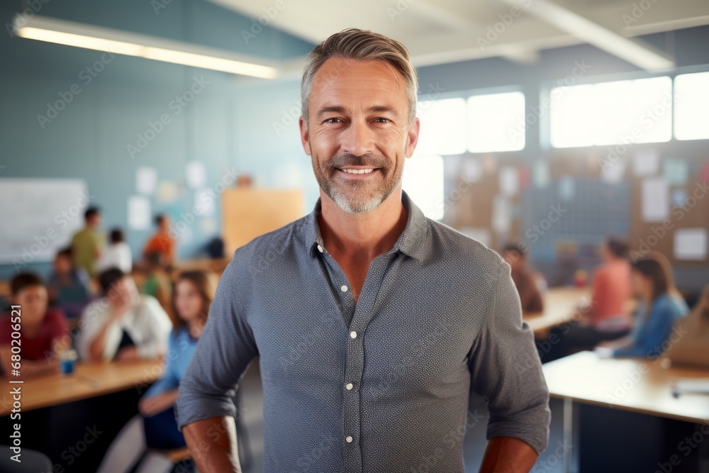 Portrait of a blissful man in his 40s donning a trendy cropped top against a lively classroom background. AI Generation Portrait of a blissful man in his 40s donning a trendy cropped top against a lively classroom background. AI Generation