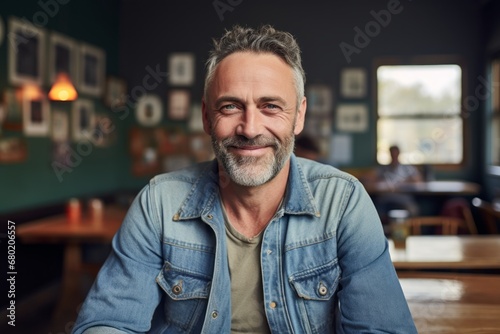 Portrait of a grinning man in his 50s sporting a rugged denim jacket against a lively classroom background. AI Generation