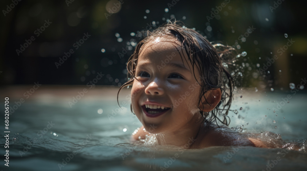 Capturing the Essence of Summer: A Child's Joyful Dive into Crystal-Clear Pool Waters, Frozen Splashes, and Mid-Air Jumps of Carefree Energy. 