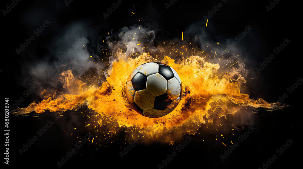 3d render of a soccer ball in flames and smoke on black background, graphic soccer illustration 