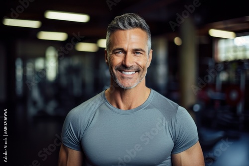 Portrait of a smiling man in his 40s showing off a lightweight base layer against a dynamic fitness gym background. AI Generation