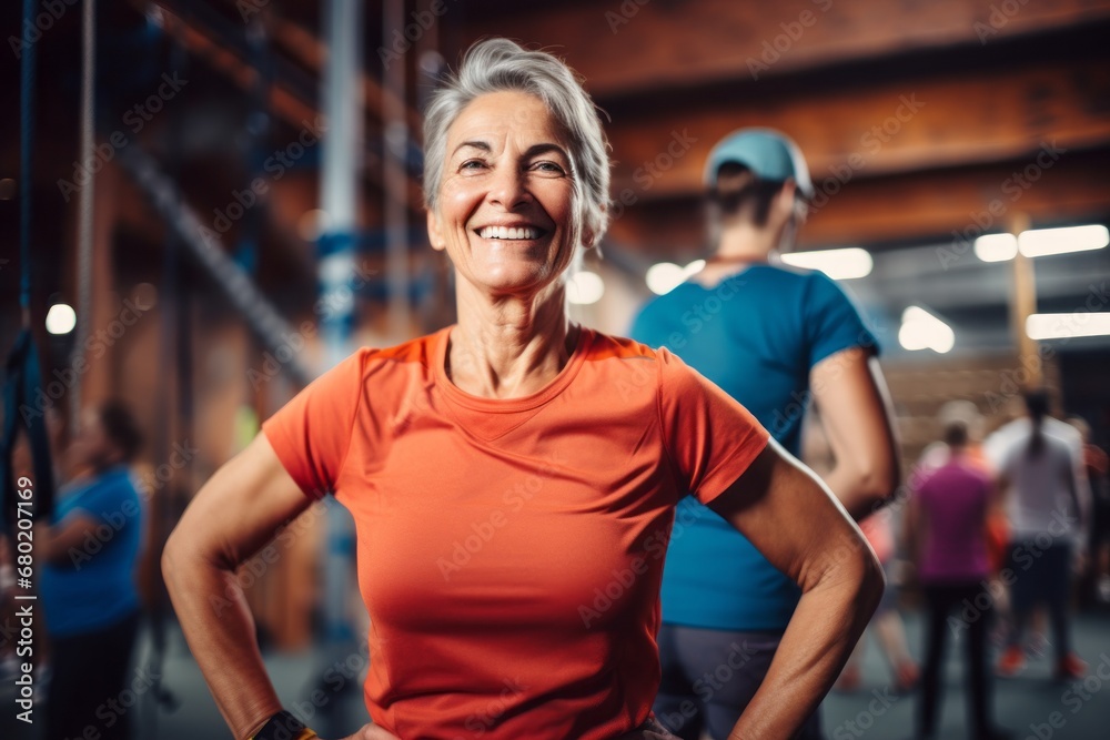 Fototapeta premium Portrait of a merry woman in her 60s sporting a technical climbing shirt against a dynamic fitness gym background. AI Generation