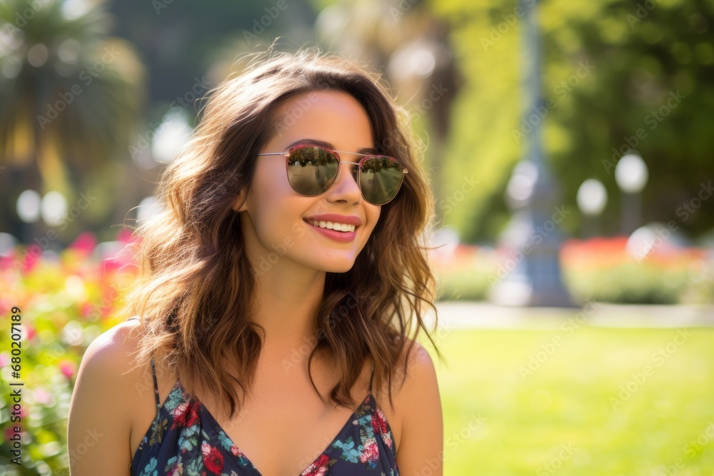 Portrait of a satisfied woman in her 30s wearing a trendy sunglasses against a bright and cheerful park background. AI Generation Portrait of a satisfied woman in her 30s wearing a trendy sunglasses against a bright and cheerful park background. AI Generation