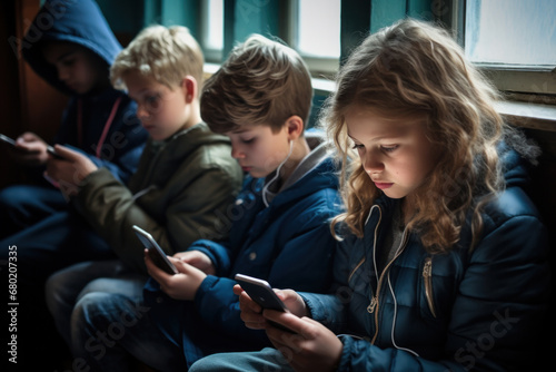 Group of young children engrossed in smartphones, casual wear, indoor setting. photo