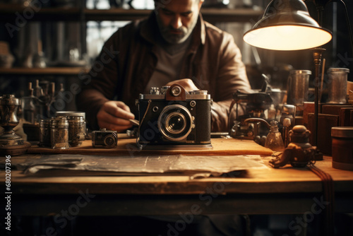 Vintage camera repair  craftsman in workshop setting  meticulous restoration of classic photography equipment