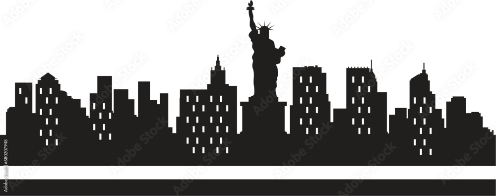 New York city skyline horizontal banner. Black and white silhouette of New York city, USA. Vector 