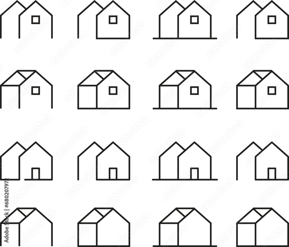 Set of outline home line icons isolated on a white background. House icons sign