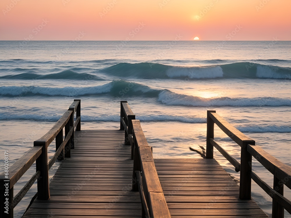 Fototapeta premium Wooden pier on the beach at beautiful sunset in the evening