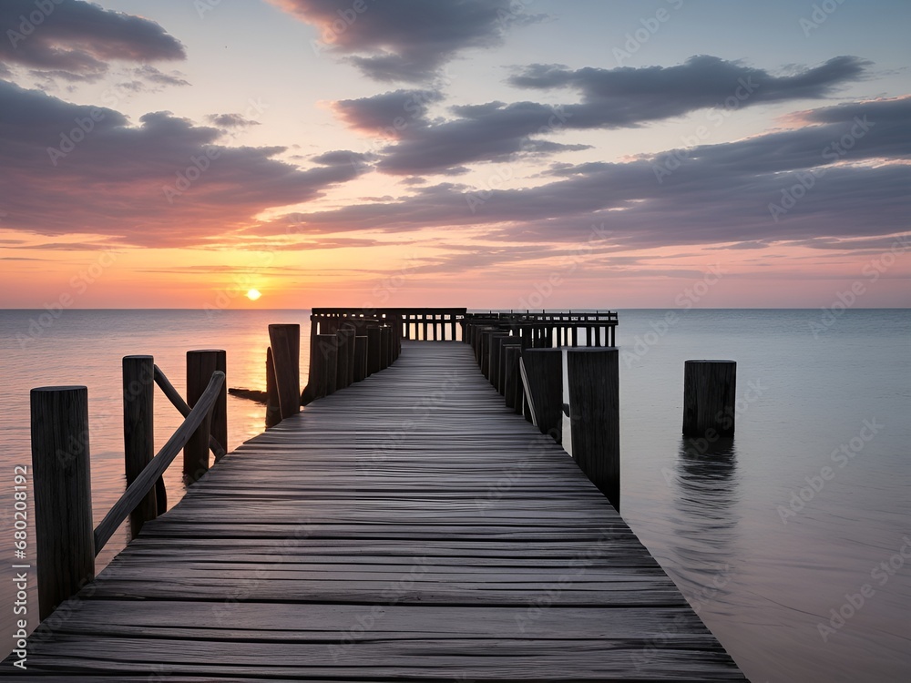Wooden pier on the beach at beautiful sunset in the evening