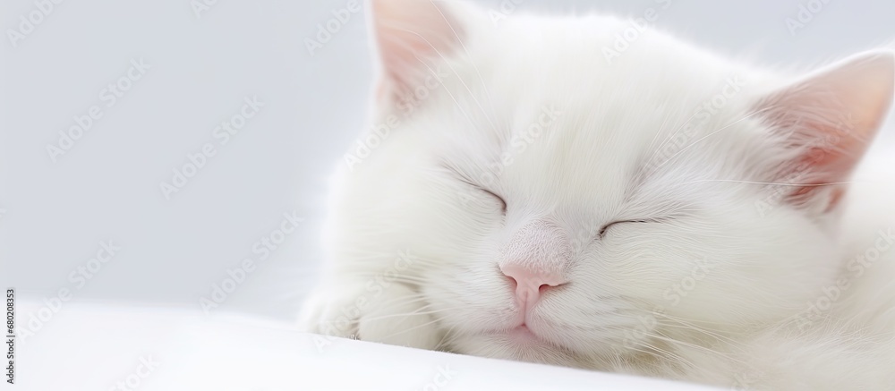 isolated white background of nature, a cute and happy white cat is peacefully sleeping, its old face portraying a content and cute expression, while its young eyes peek out, hinting at the fun it may
