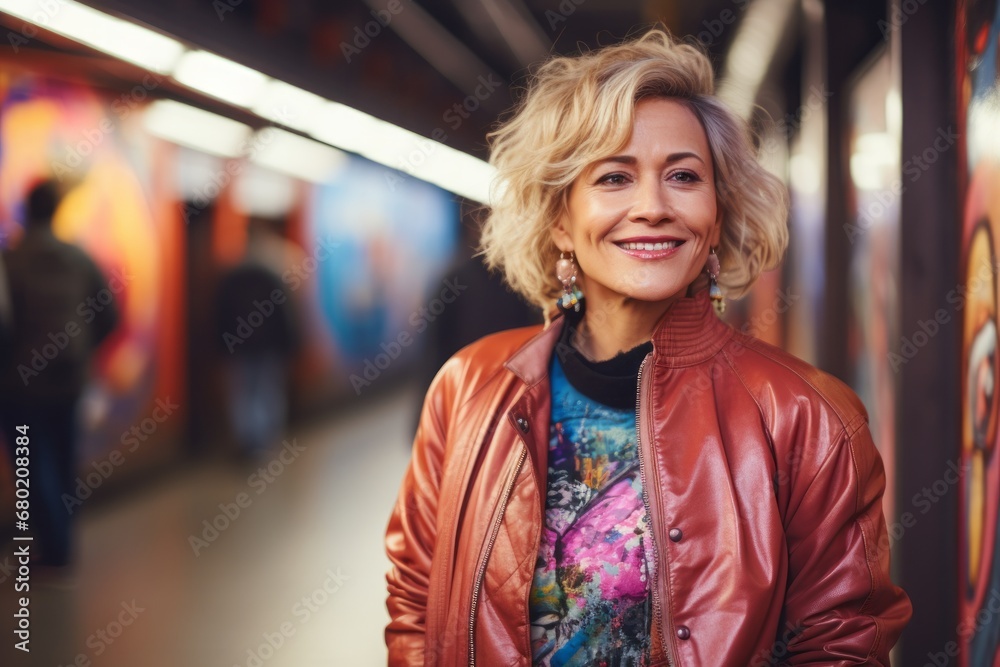 Portrait of a blissful woman in her 50s wearing a trendy bomber jacket against a bustling city subway background. AI Generation