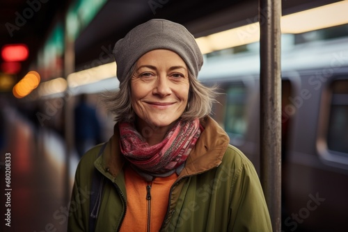 Portrait of a grinning woman in her 50s sporting a comfortable hoodie against a bustling city subway background. AI Generation