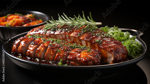 Isolated roasted pork with a sauce topping and adornment on a dark surface.