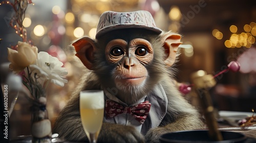 Cute monkey dressed in formal clothes and a party hat. Made with Generative AI.