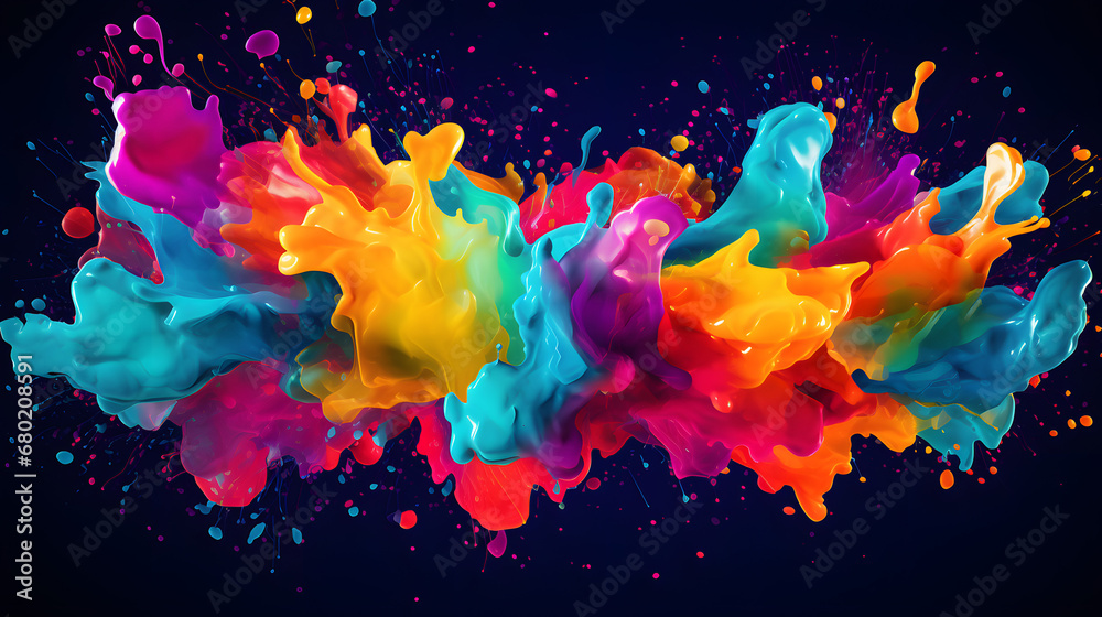 Vibrant paint splashes on dark canvas for artistic design