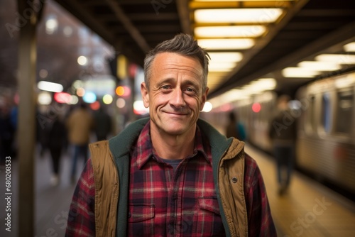 Portrait of a satisfied man in his 50s wearing a comfy flannel shirt against a bustling city subway background. AI Generation