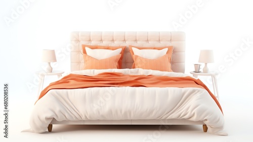 a bed with orange pillows and a white bed
