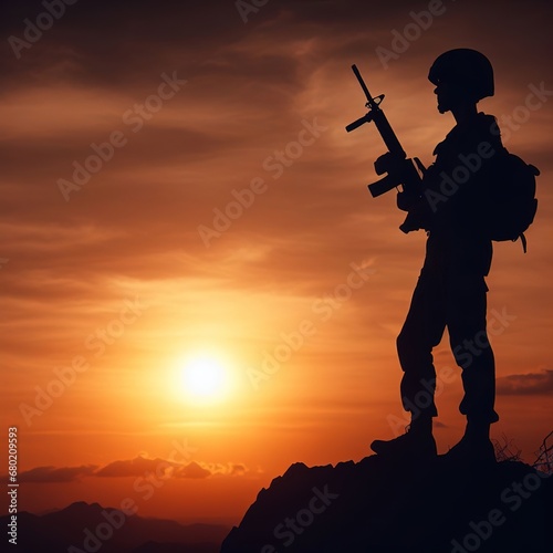 Silhouette of a soldier. The flag is nearby. Generative AI