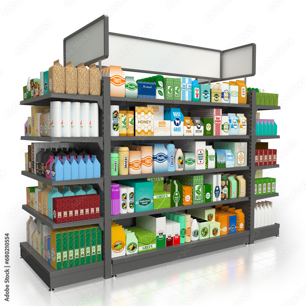 Shelf rack, display case in a supermarket with display of goods. 3d illustration Shelf rack, display case in a supermarket with display of goods. 3d illustration