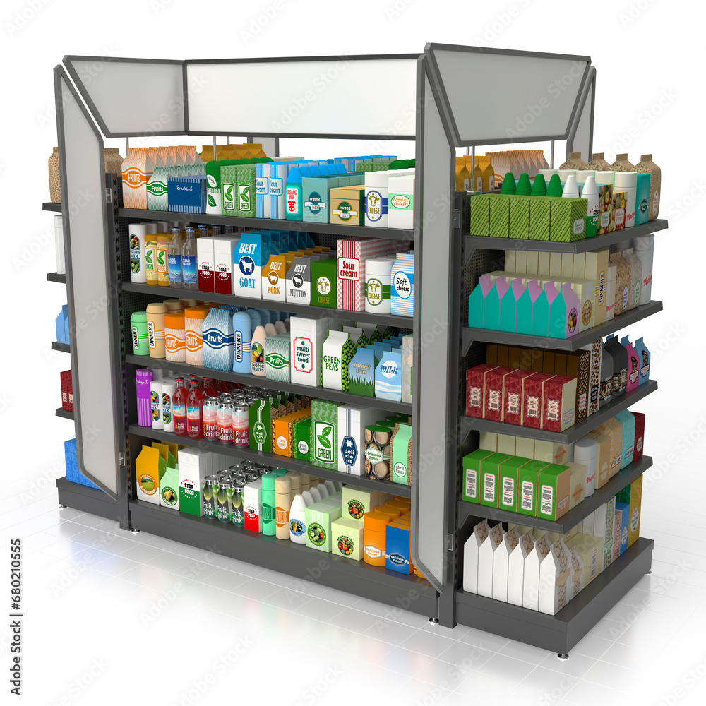 Shelf rack, display case in a supermarket with display of goods. 3d illustration