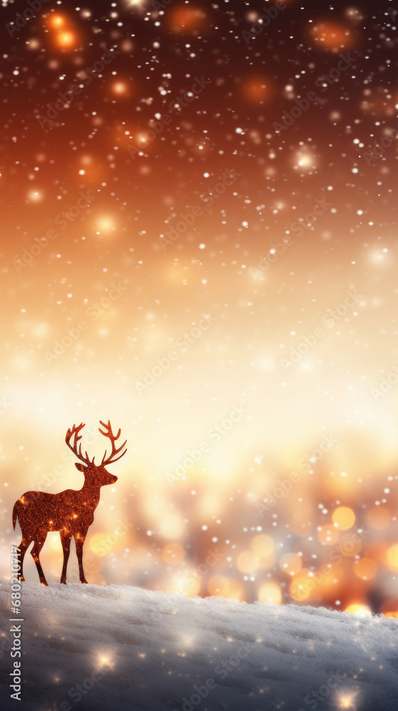 Christmas deer in the snow. Festive Christmas background. Copy space for text.