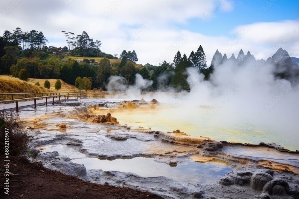 Waiotapu Thermal Reserve in New Zealand. Waiotapu is the largest hot spring in the world, Te Puia thermal park. Rotorua town, New Zealand, AI Generated