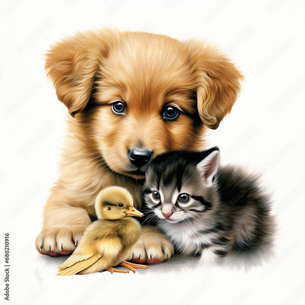Obraz premium endearing and highly detailed illustrations of cute baby animals like kittens, puppies, and ducklings created with Generative Ai