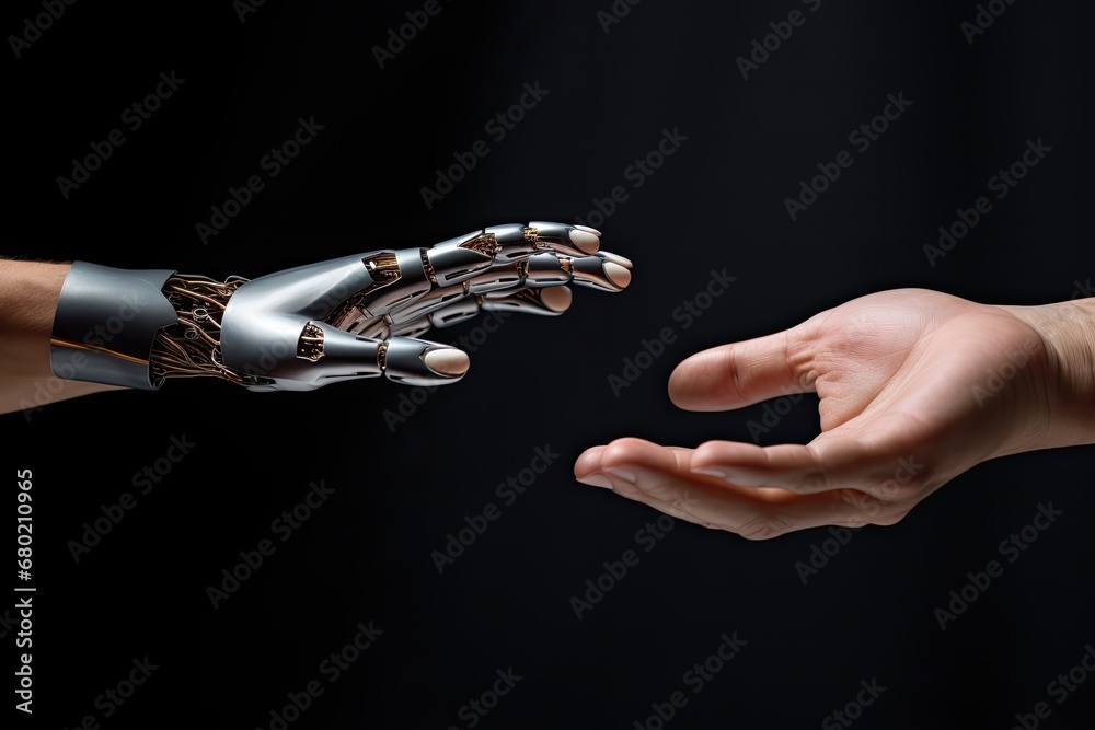 Human and robot hands reaching out to each other on black background ...
