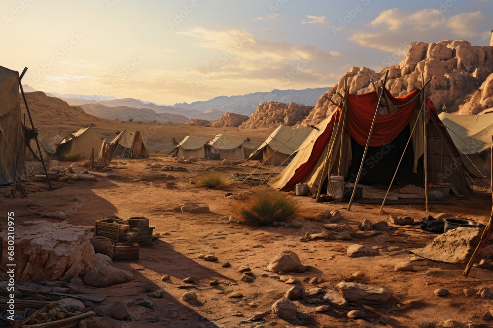 Tent camp in Wadi Rum desert, Jordan, Middle East, tent encampment in a desert environment, AI Generated - obrazy, fototapety, plakaty 