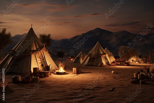 Tent camp in the desert at sunset  Namibia  Africa  tent encampment in a desert environment  AI Generated