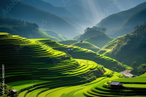 Green Terraced Rice Field in Mu Cang Chai, YenBai, Vietnam, Terraced rice field in harvest season in Mu Cang, AI Generated